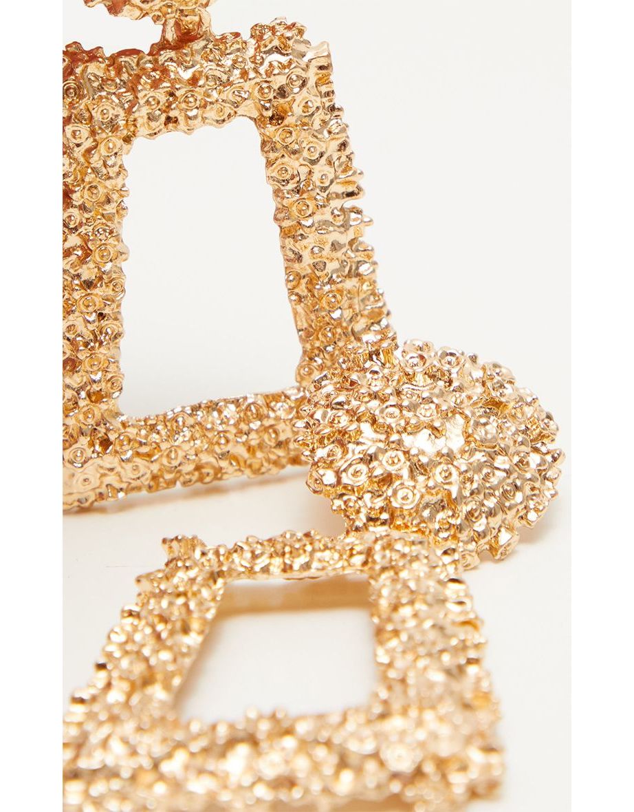 Gold Chunky Textured Square Drop Earrings - 2