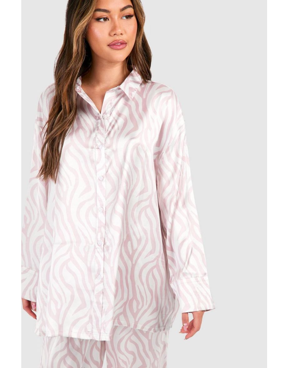 Oversized Tonal Zebra Print Satin Pyjama Set - pink - 3
