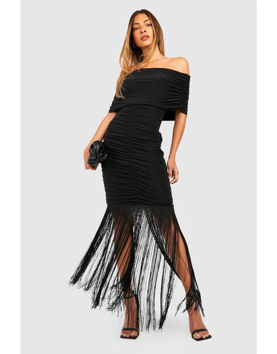 Shop Double Slinky Rouched Tassel Bardot Mini Dress black Online in Bahrain VogaCloset