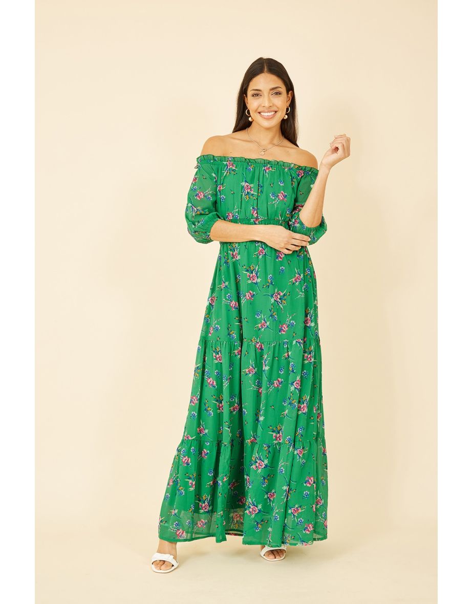 Shop Yumi Green Floral Bardot Long Sleeve Maxi Dress Online in Bahrain VogaCloset