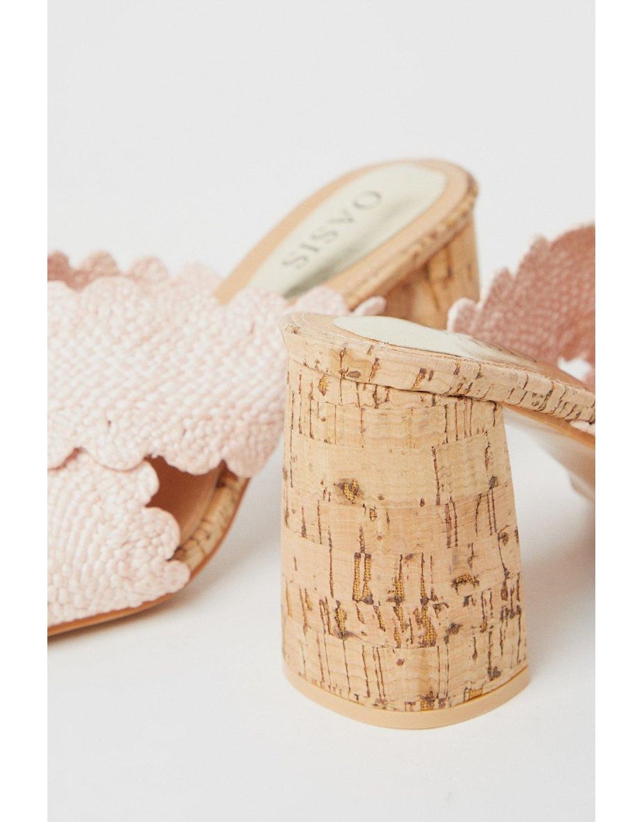 Grace Scalloped Cross Strap Cork Covered Block Heeled Mule Sandals - 3
