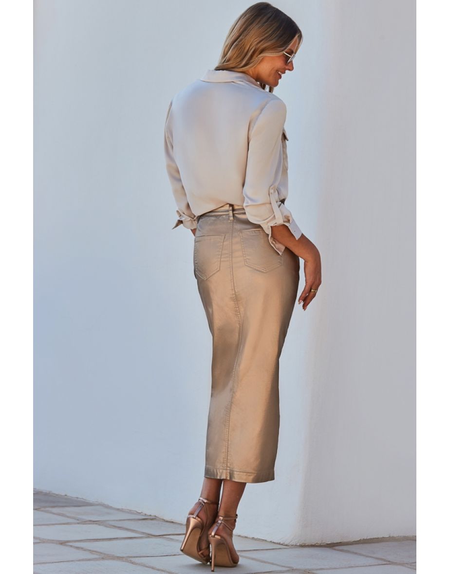 Champagne Gold Metallic Pencil Skirt - 4