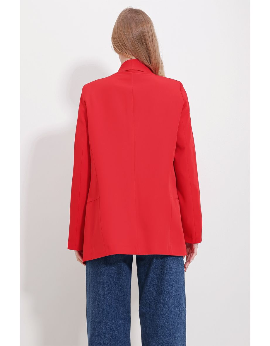 Women's Red Shawl Collar Lined Blazer - 3