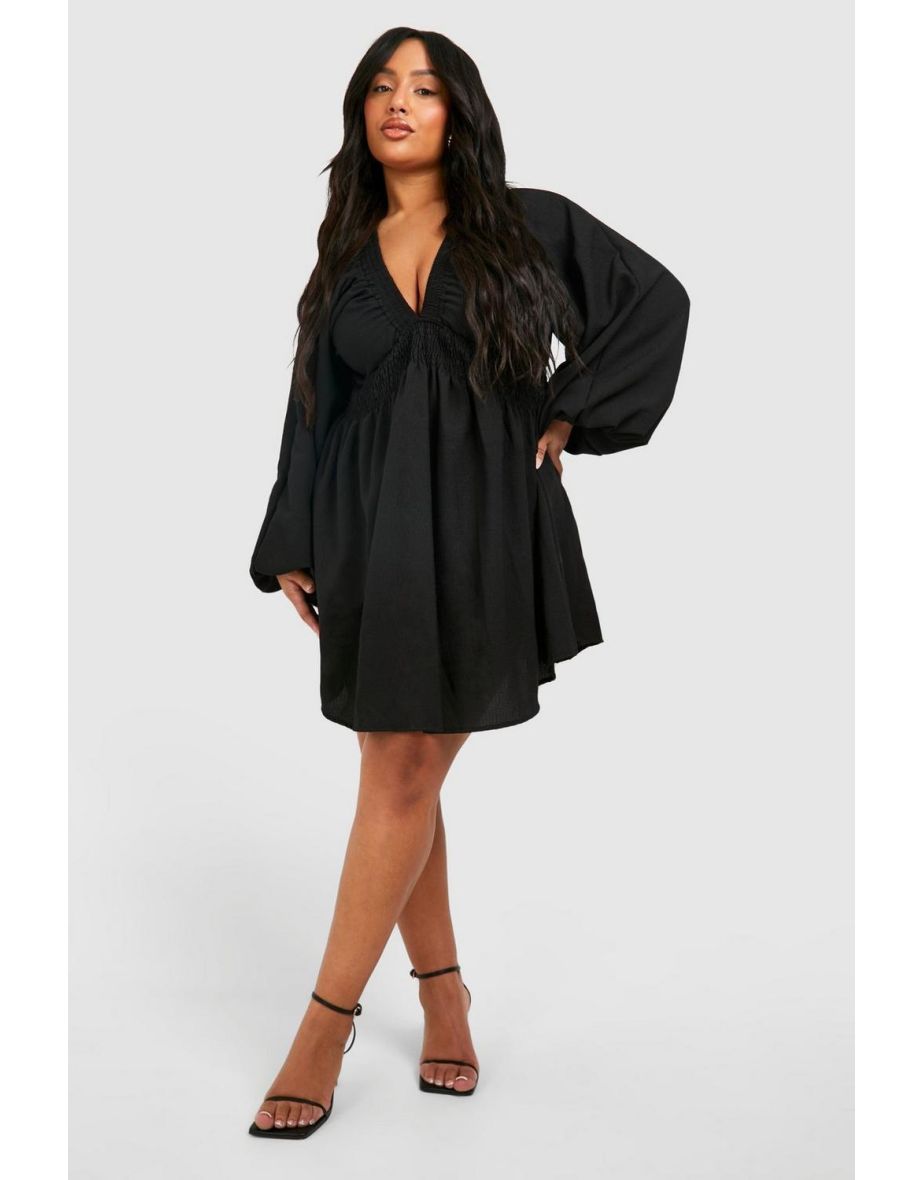 Plus Textured Batwing Smock Dress - black