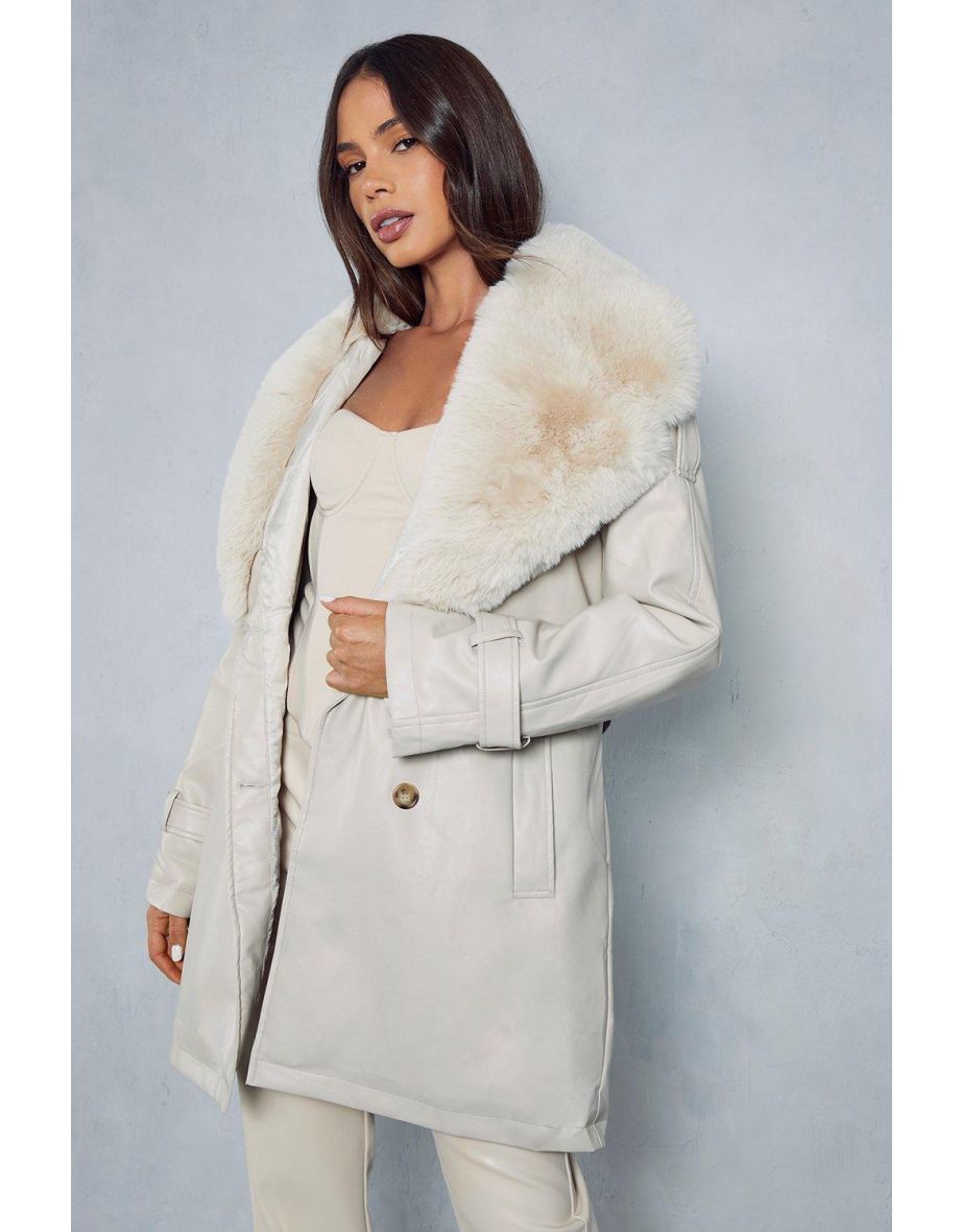 Leather Look Fur Collar Detail Trench Coat