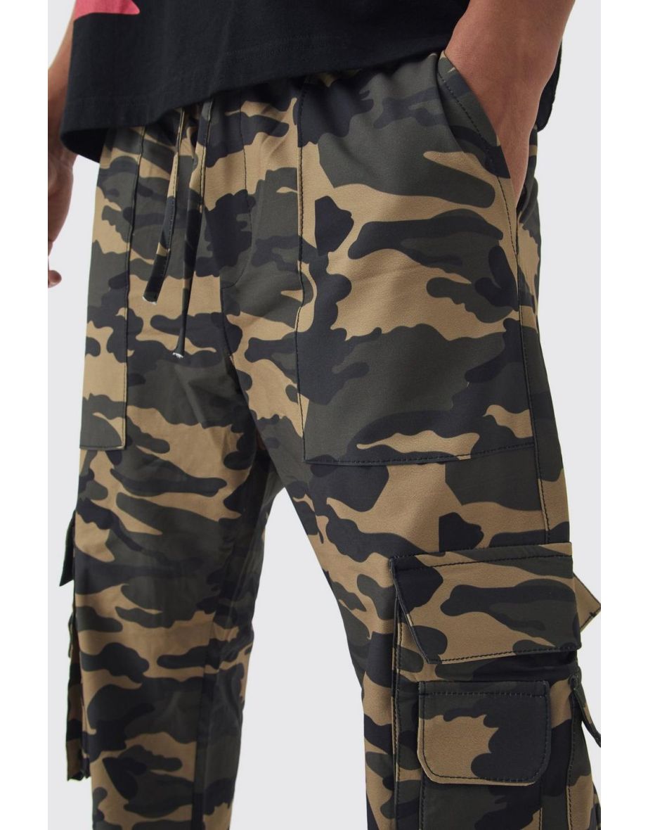 Elasticated Slim Stacked Nylon Camo Cargo Trousers - 2