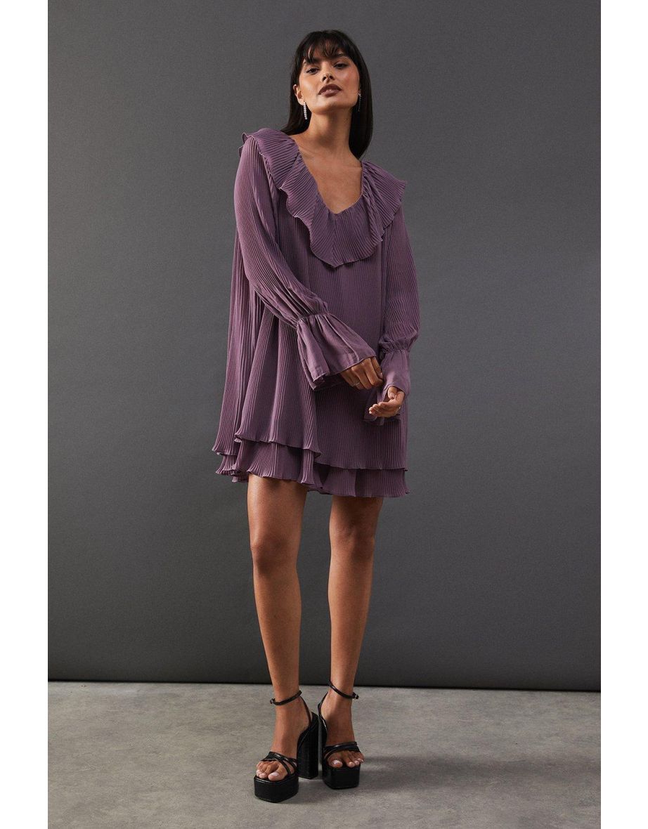 Pleated Chiffon V Neck Mini Swing Dress