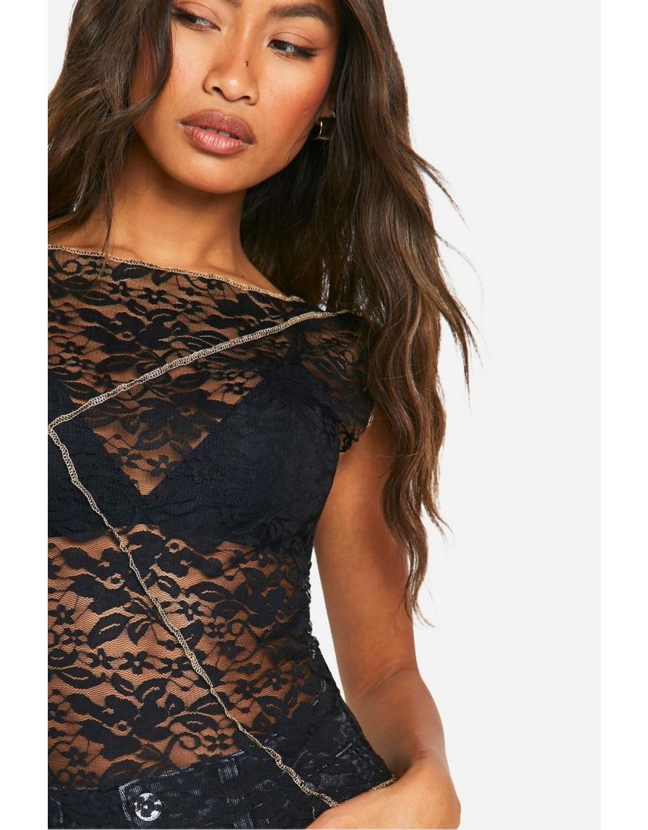 Exposed Seam Lace Top - black - 3