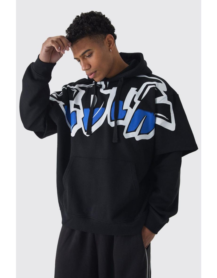 Oversized Faux Layer Graffiti Hoodie - black