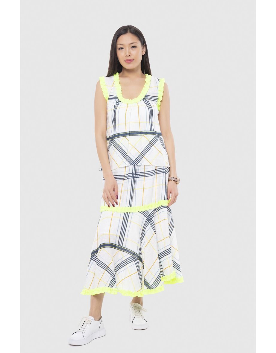Neon Stripe Detailed Sleeveless Plaid Linen Blouse