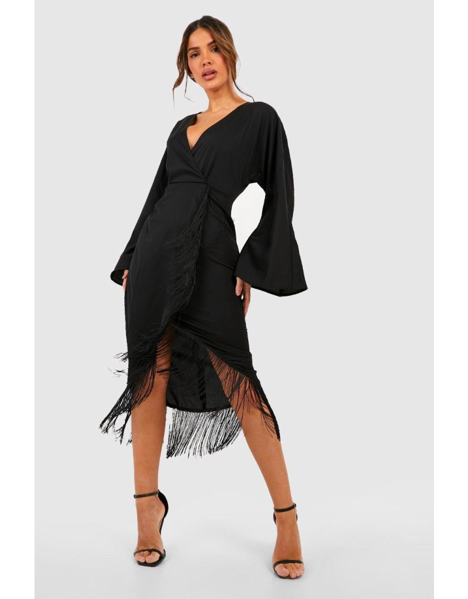 Tassel Hem Wrap Midi Dress - black