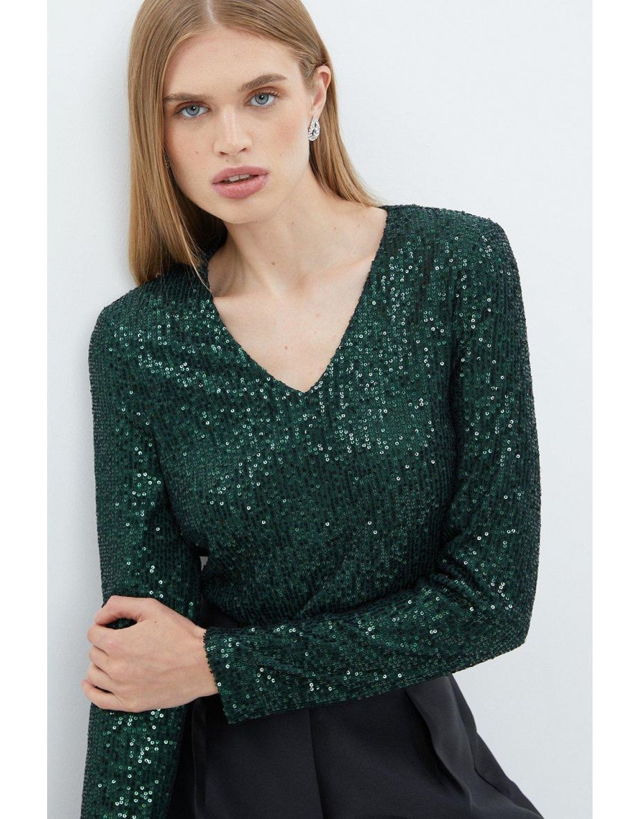 Sequin V Neck Long Sleeve Top