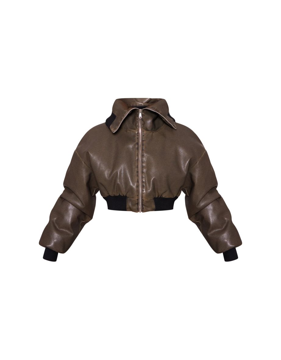 Dark Khaki Faux Leather Washed Cropped Foldover Puffer Jacket - 4