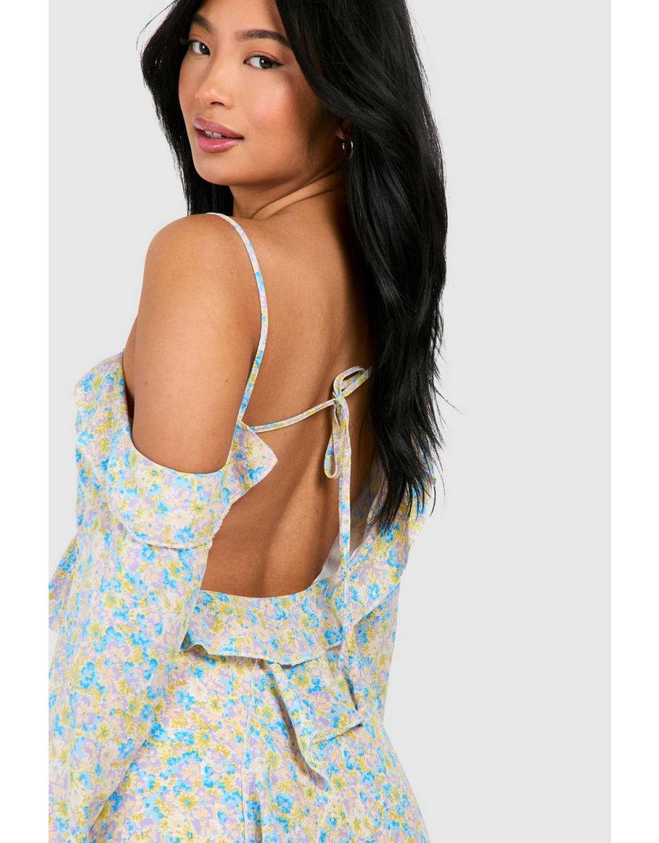 Petite Floral Asymmetric Ruffle Open Back Maxi Dress - 3