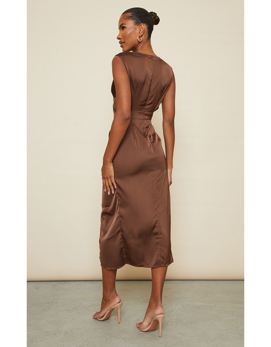 Shop Brown Satin Snake Trim Detail Midaxi Evening Dress Shop Brown Satin Snake Trim Detail Midaxi Evening Dress