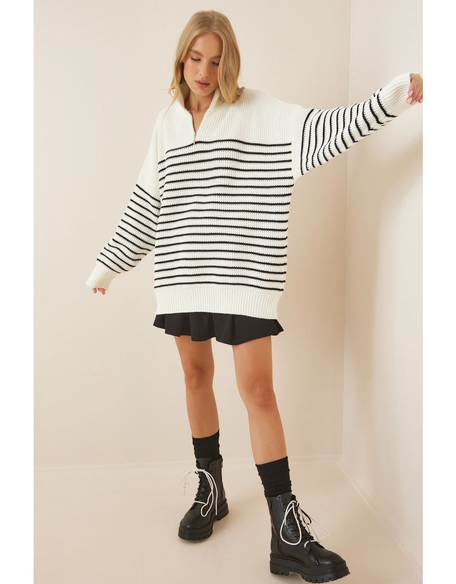 Women's Ecru Black Zipper Stand-Up Collar Striped Oversized Sweater