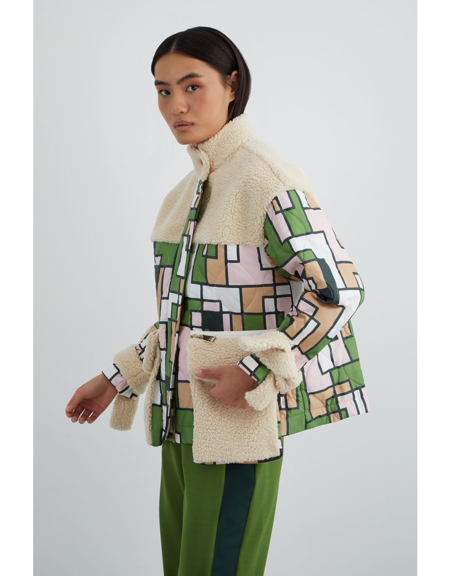 Color-Blocked Cream Faux Fur Jacket