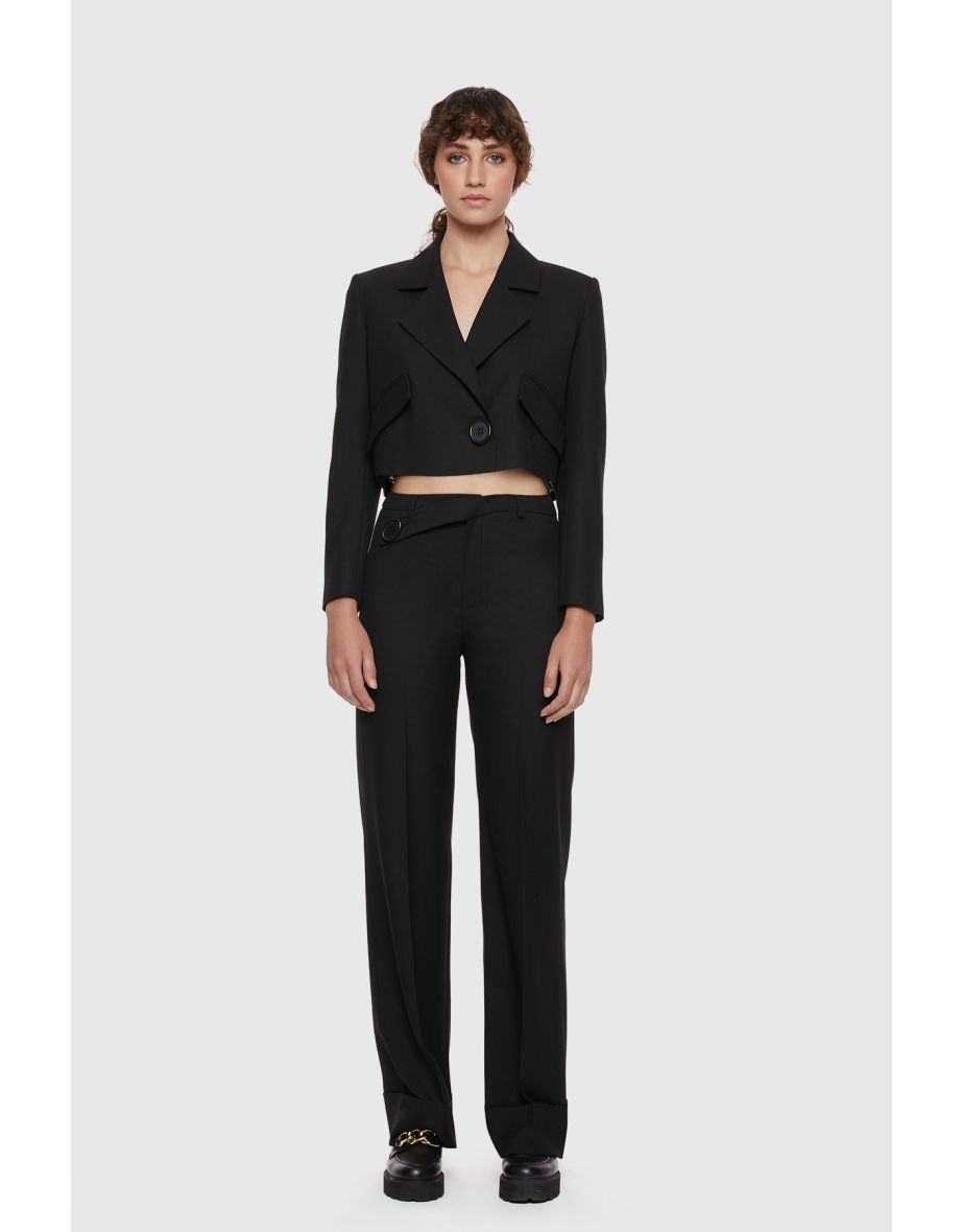 Crop Jacket and Palazzo Pants Black Suit