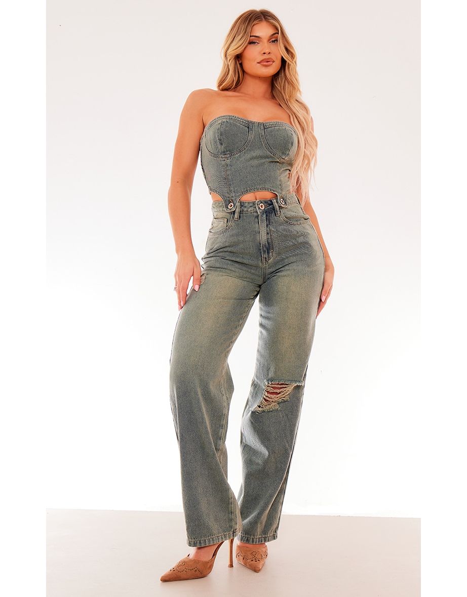 Vintage Wash Detachable Bandeau Denim Jumpsuit