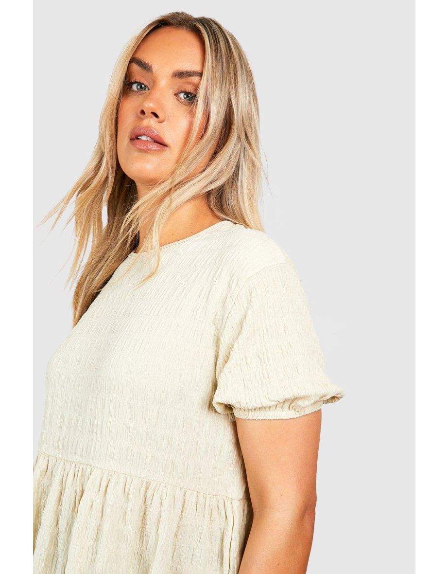 Plus Textured Short Sleeve Smock Top - stone - 3