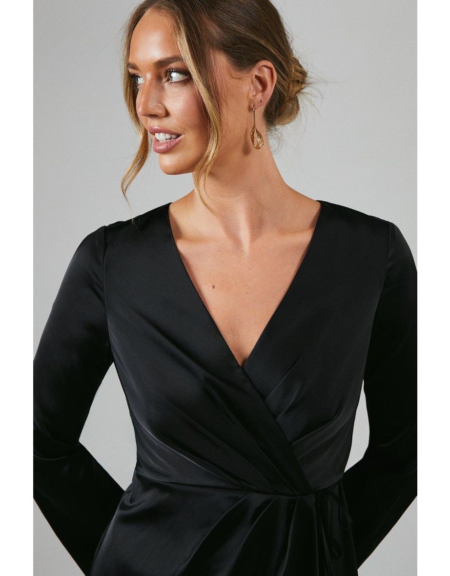 Debut London by Coast Long Sleeve Waterfall Detail Satin Bridesmaids Dress - 3