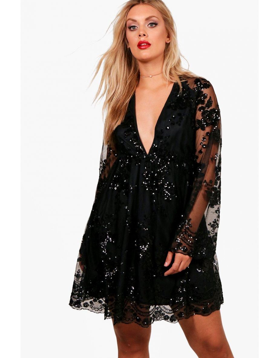 فستان سكاتر بتصميم لف مزينة بالترتر بنقشة أزهار - أسود - مقاسات كبيرة