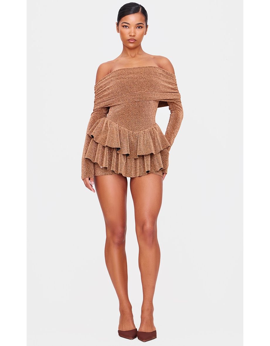 Gold Glitter Bardot Long Sleeve Rara Playsuit