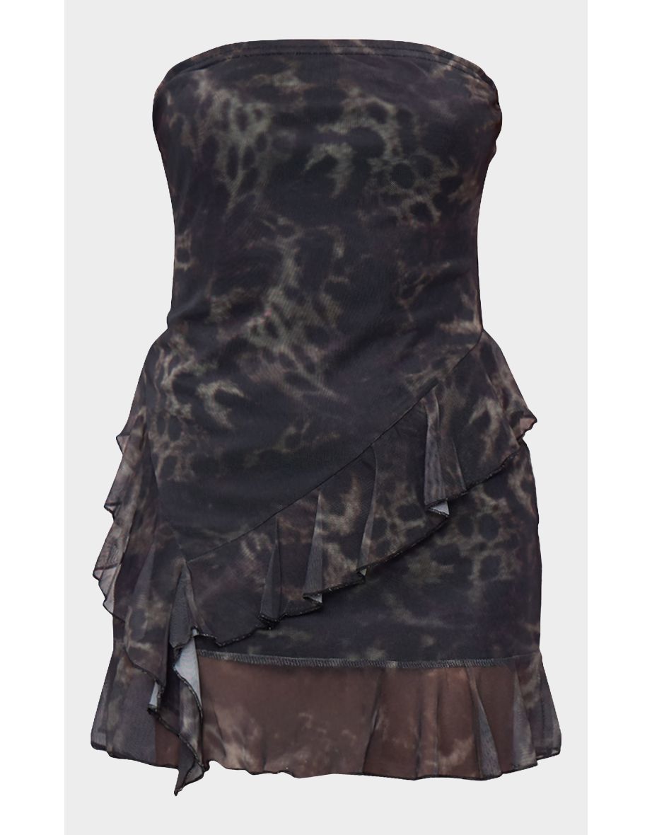 Dark Leopard Print Bandeau Frill Hem Mini Dress - 4