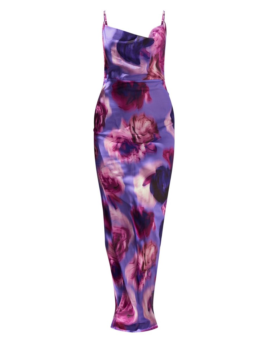 Purple Abstract Floral Print Sheer Chiffon Lace Up Back Maxi Dress - 4