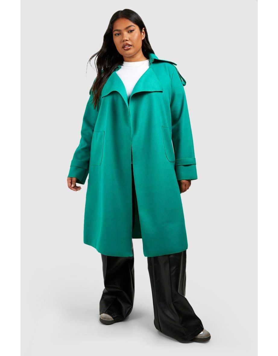 Plus Wool Look Waterfall Trench Detail Coat - green