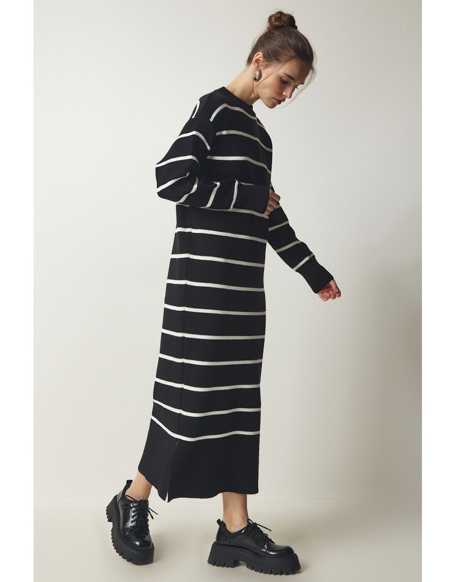 Women's Black Striped Wrap Knitwear Dress