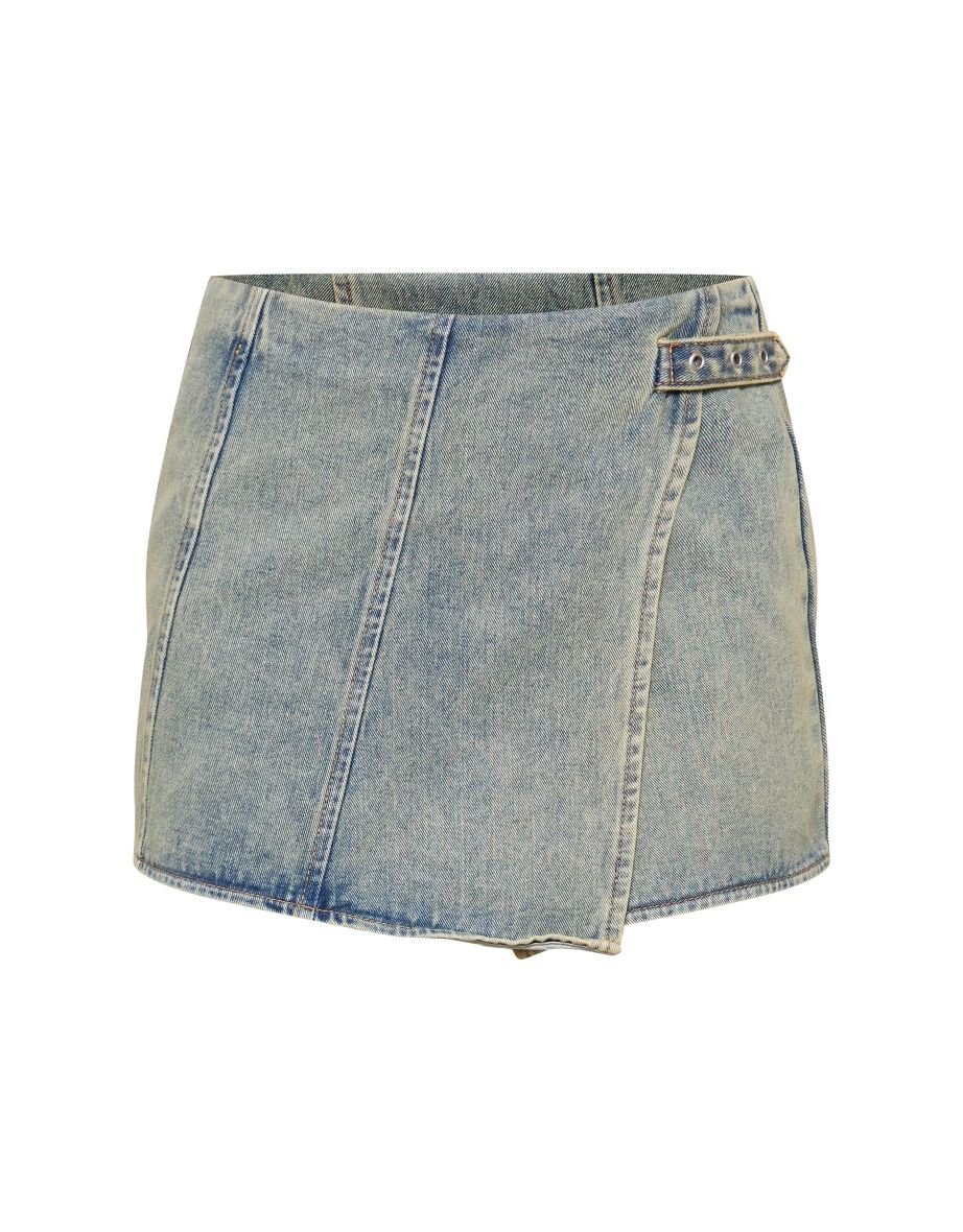 Vintage Wash Denim Wrap Over Mini Skirt - 5