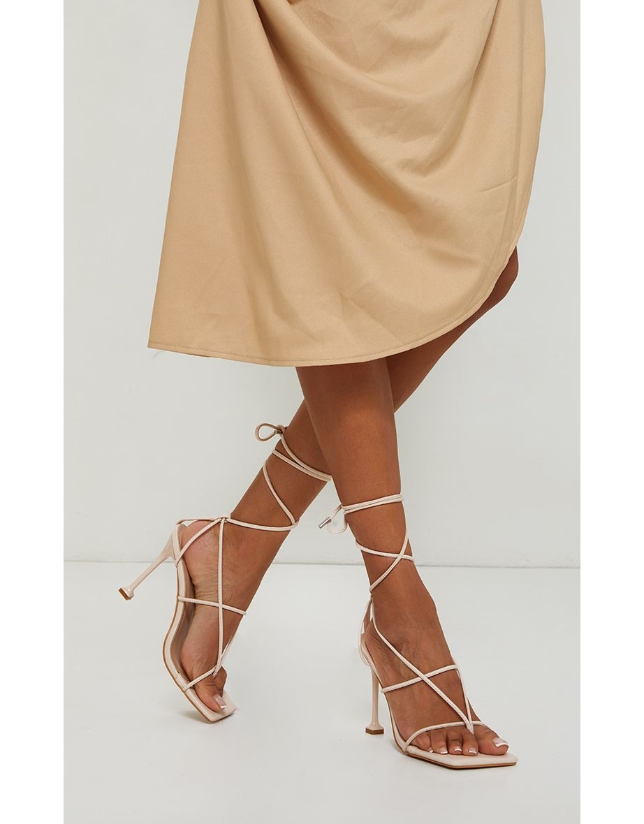 Beige Square Toe Strappy Lace Up Toe Thong High Heels Sandals