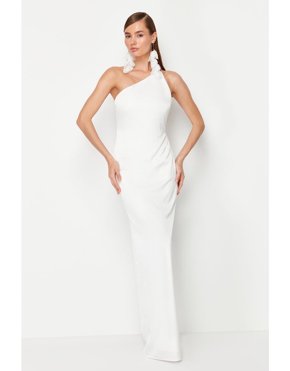 White Satin Rose Detailed Wedding/Engagement Long Evening Evening Dress