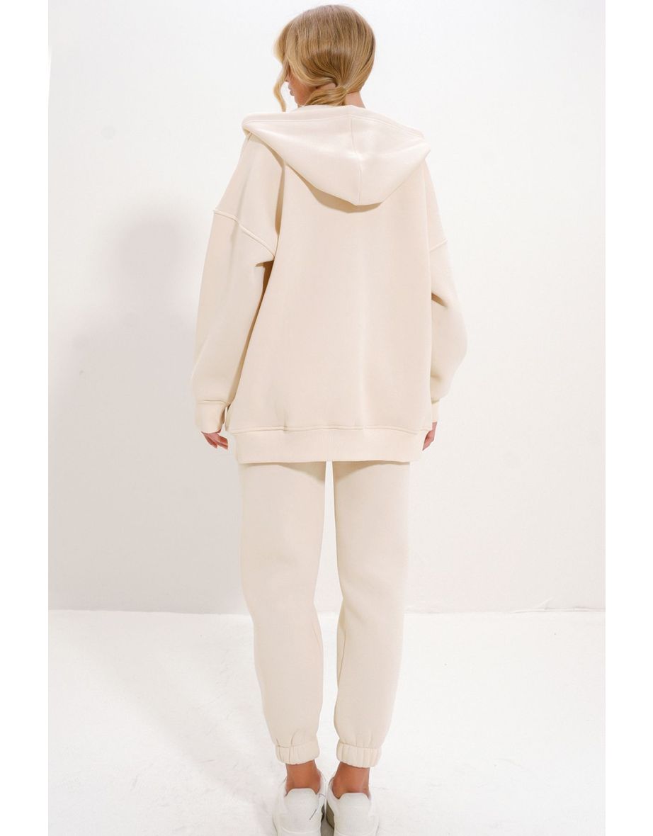 Women's Cream Hooded Kangaroo Pocket 3 Yarn Inside Raised Tracksuit - 6