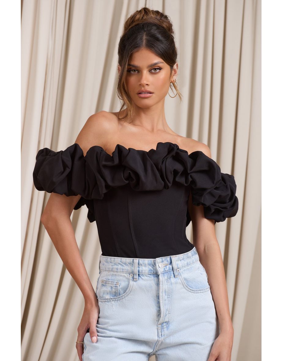 Ellie | Black Structured Statement Bardot Bodysuit - 2