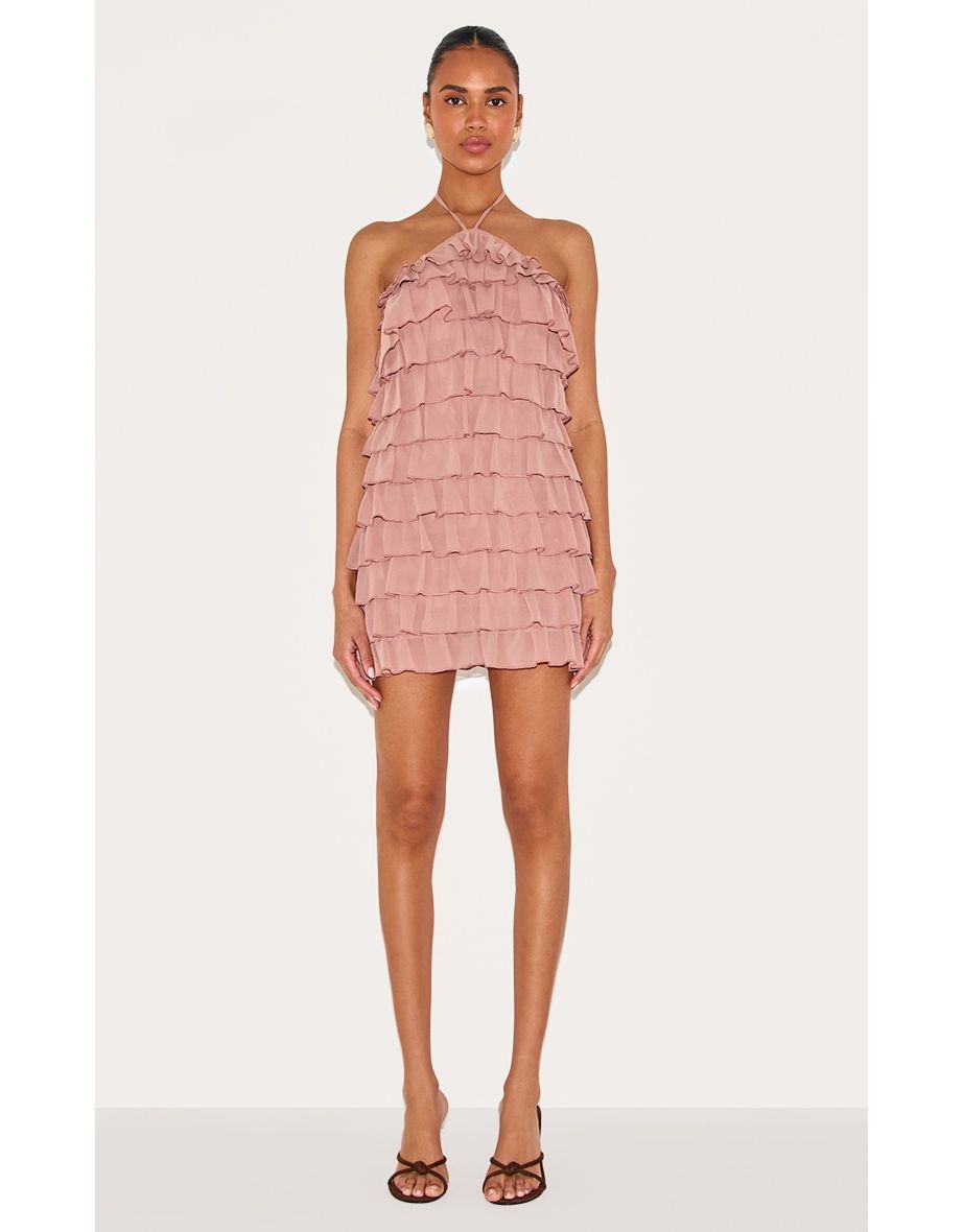 Dusty Peach Extreme Ruffle Halterneck Shift Dress