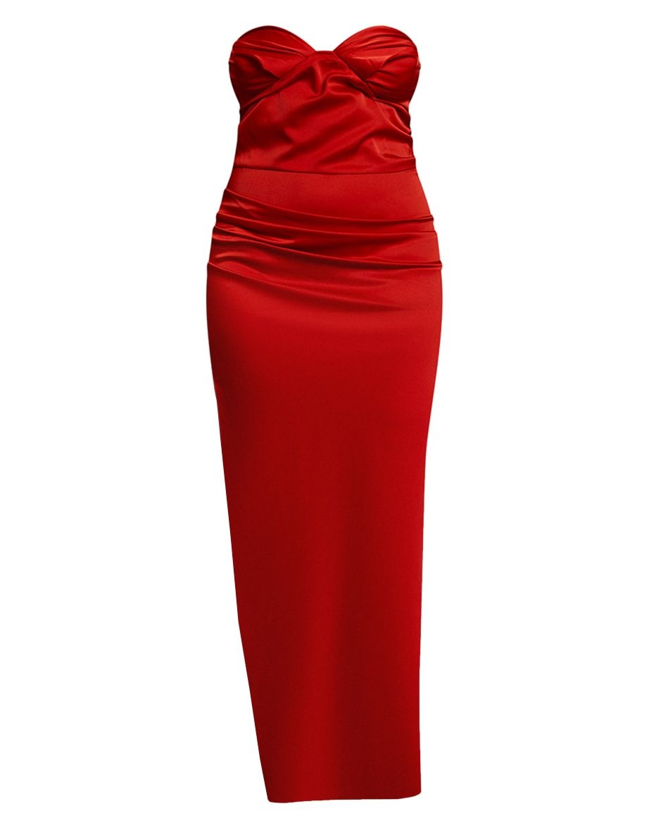 Plus Red Satin Ruched Bust Side Split Maxi Dress - 4