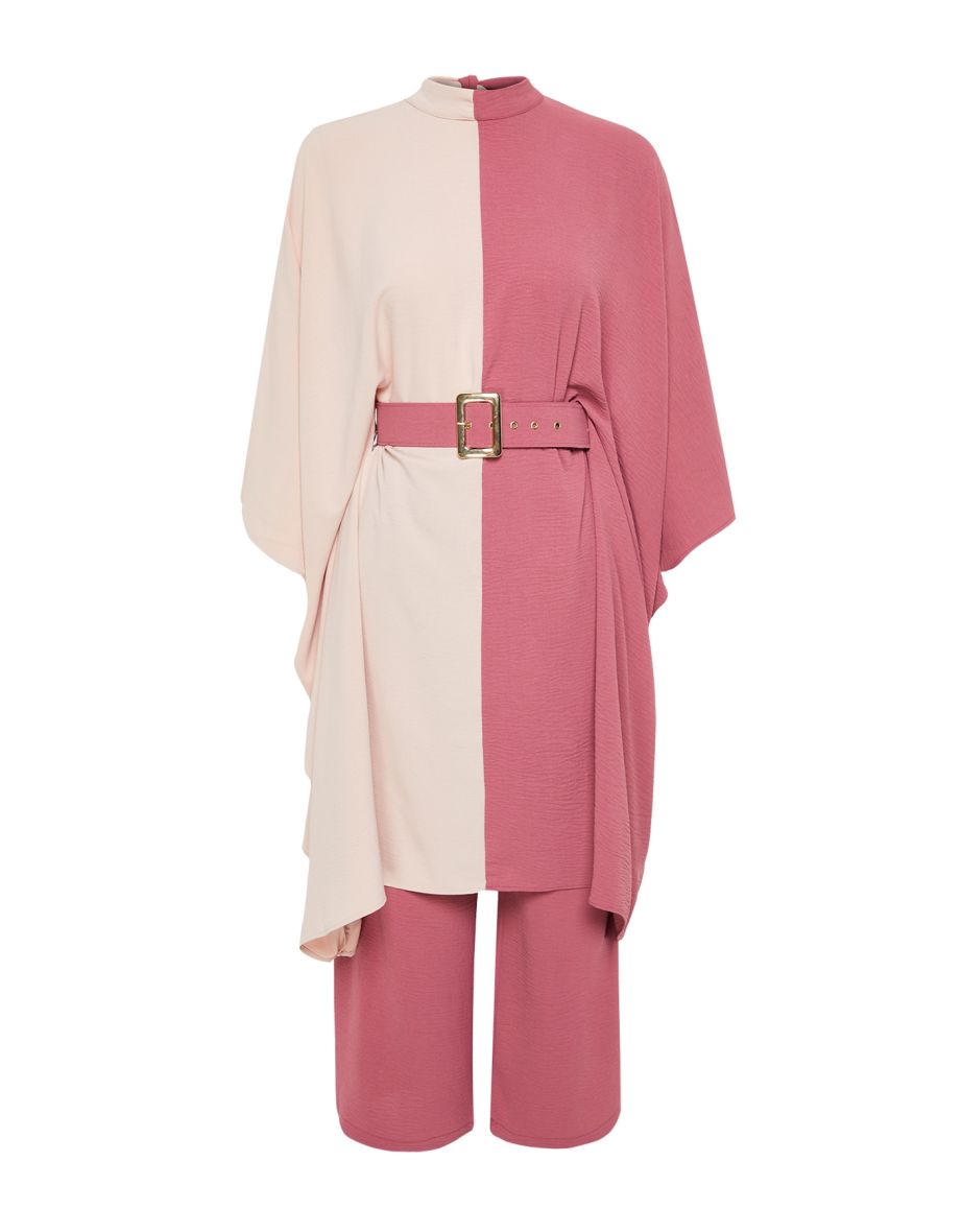 Pale Pink Color Block Waist Belted Tunic-Pants Woven Suit - 7