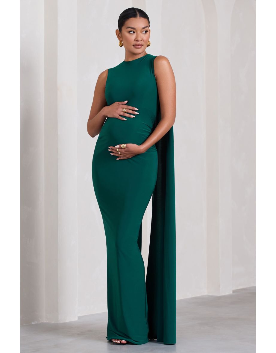 Allora | Bottle Green High-Neck Sleeveless Cape Maternity Maxi Dress - 4