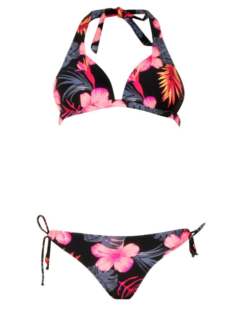 Tropical Floral Moulded Push Up Triangle Bikini - black - 1