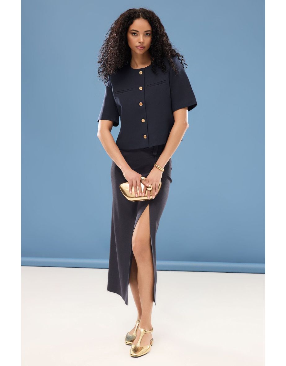 Navy Blue Crew Neck Short Sleeve Blazer Jacket