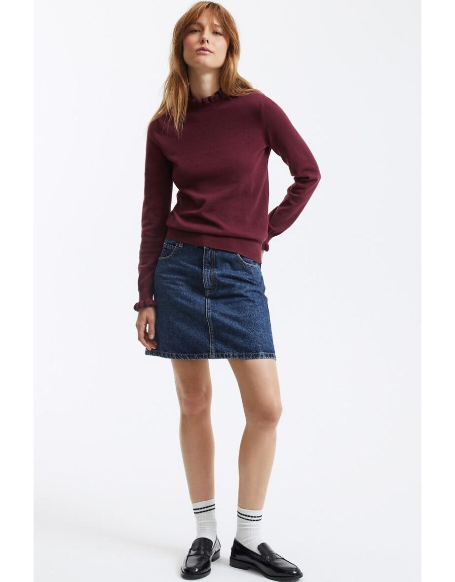 Cotton Long Sleeve Jumper/Sweater with Ruffled High Neck