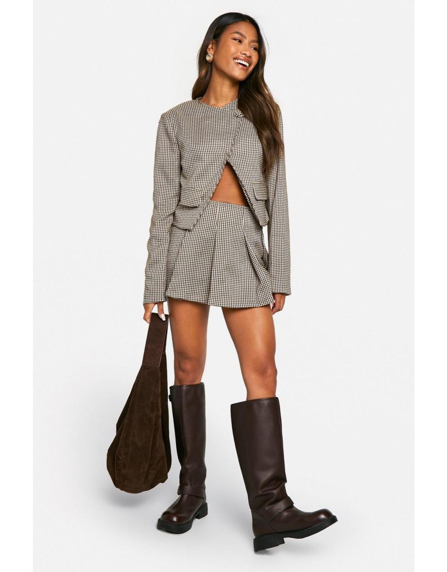 Tonal Mini Dogtooth Pleated Mini Skirt - camel