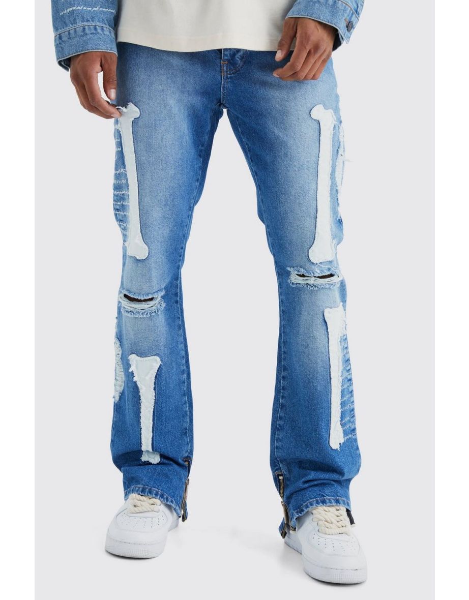 Slim Rigid Flare Skeleton Applique Jeans - mid blue