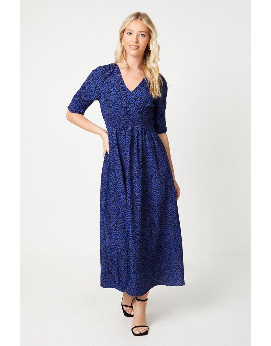 Blue Animal Ruched Sleeve Dress