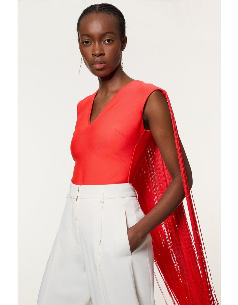 Figure Form Bandage Knit Long Tassel Cape Top