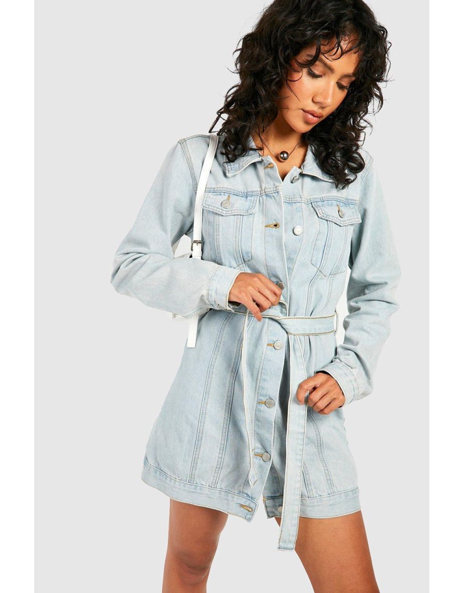 Belted Western Denim Micro Mini Shirt Dress - bleached blue