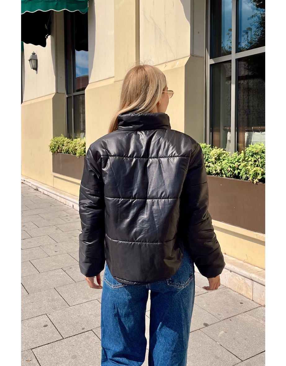 Women's Black Standing Collar Double Pocketed Inflatable Puffer jacket with Elastic Waist - 5