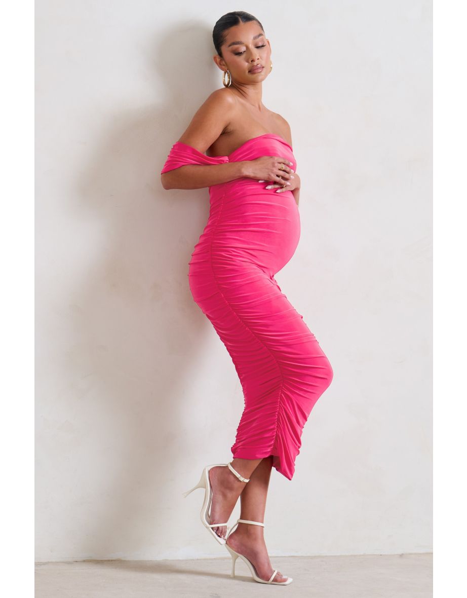 Hot Pink Ruched Maternity Bardot Midi Dress - 3